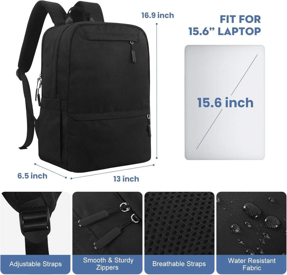 Backpacks for College Students, Black Backpack for Men, School Back pack for Teens, Water Resistant Bookbag Travel Laptop Back Pack 15.6 inch,Mens Work Bags Personal Item Book Bags (Black) - Image 2