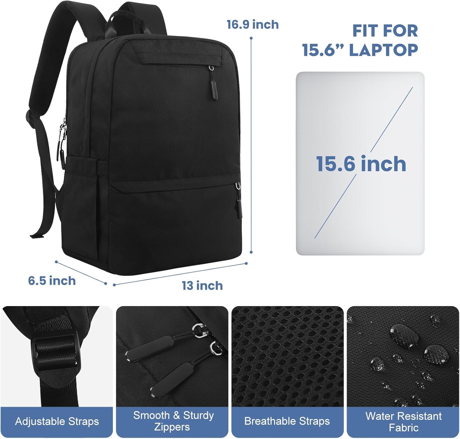 Backpacks for College Students, Black Backpack for Men, School Back pack for Teens, Water Resistant Bookbag Travel Laptop Back Pack 15.6 inch,Mens Work Bags Personal Item Book Bags (Black) - Image 2